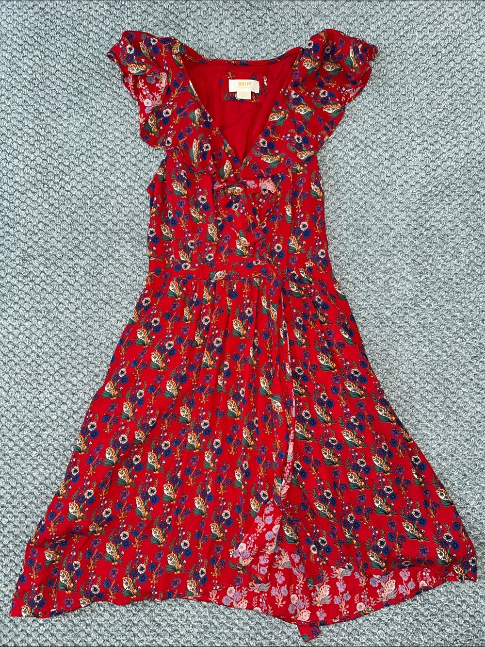 Maeve Red Floral Ruffle Midi Dress
